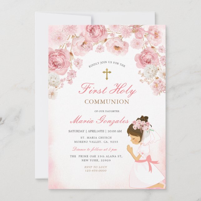 Pink Floral Praying Girl Illustration Gold Cross Invitation (Front)