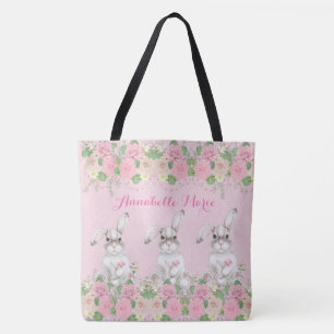 Pink Floral Precious Bunny Rabbit Tote Bag
