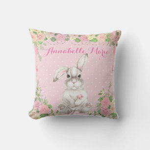 Pink Floral Precious Easter Bunny Rabbit Nursery Cushion