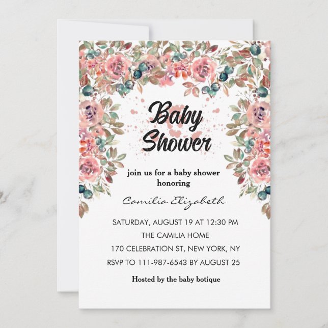 Pink Floral Pretty Watercolor Flowers Baby Shower  Invitation (Front)