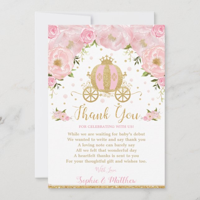Pink Floral Princess Baby Shower Pumpkin Carriage Thank You Card (Front)