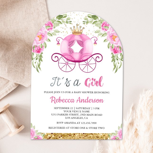 Pink Floral Princess Carriage Arch Baby Shower Invitation (Creator Uploaded)