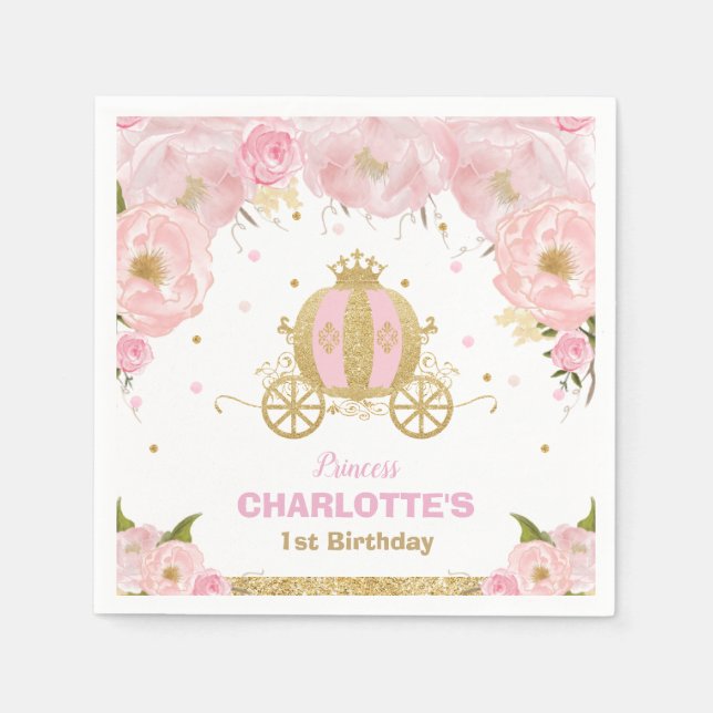 Pink Floral Princess Carriage Birthday Baby Shower Napkin (Front)