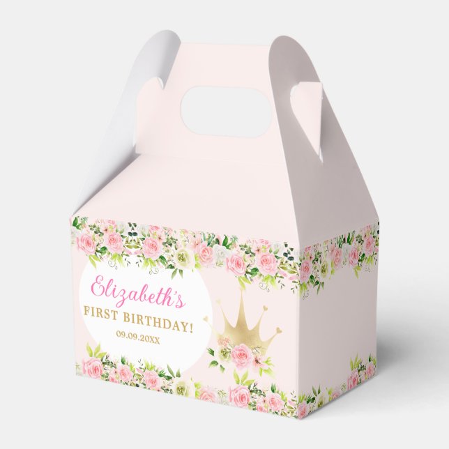 Pink Floral Princess Crown 1st Birthday Favour Box (Back Side)