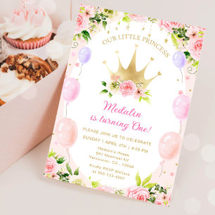 Pink Floral Princess Crown 1st Birthday Invitation
