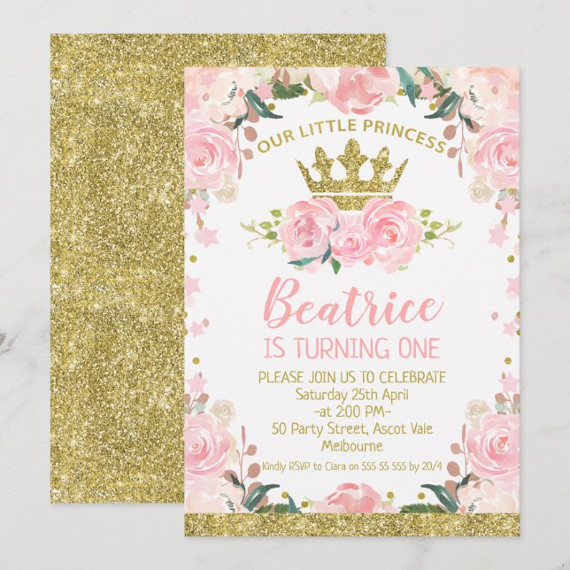 Pink Floral Princess Crown 1st Birthday Invitation (Front/Back)