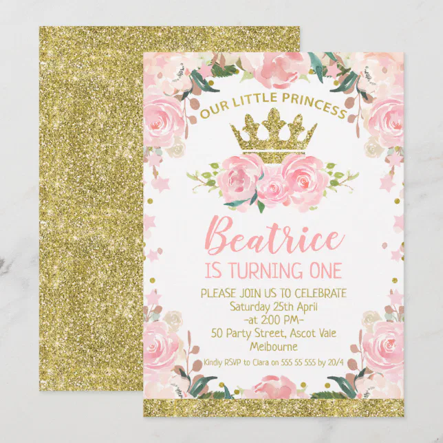 Pink Floral Princess Crown 1st Birthday Invitation | Zazzle