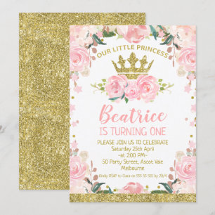 Pink Floral Princess Crown 1st Birthday Invitation