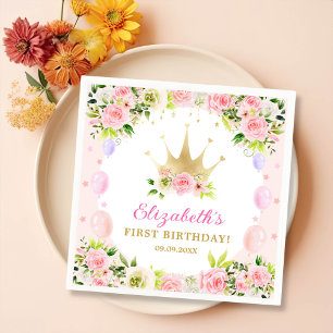 Pink Floral Princess Crown 1st Birthday Napkin