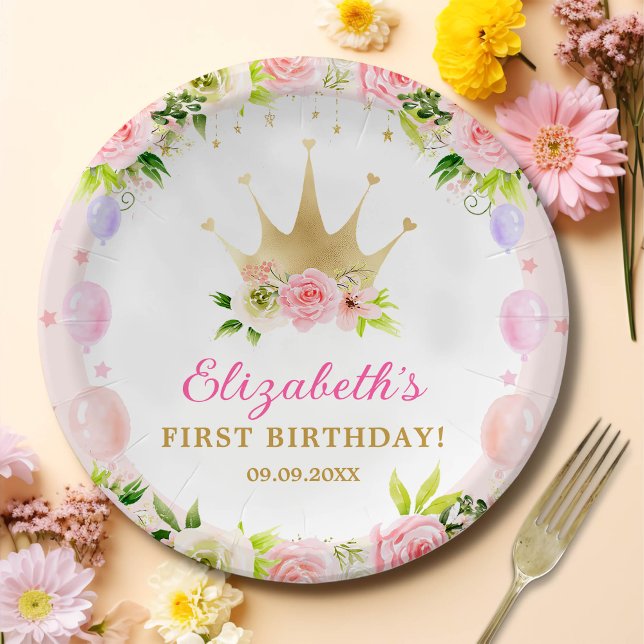 Pink Floral Princess Crown 1st Birthday Paper Plate (Creator Uploaded)