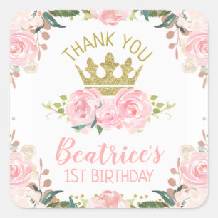 Pink Floral Princess Crown 1st Birthday Square Sticker