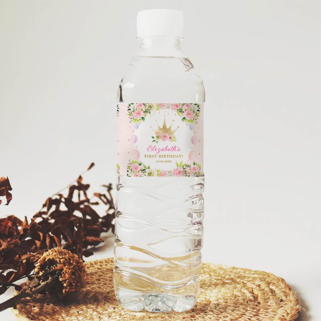 Pink Floral Princess Crown 1st Birthday Water Bottle Label (Creator Uploaded)