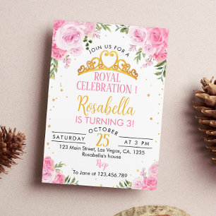 Pink Floral Princess Crown Birthday Invitation