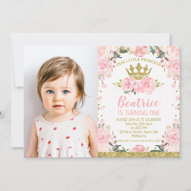 Pink Floral Princess Crown Photo 1st Birthday Invitation (Front)