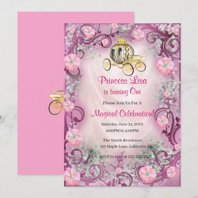 Pink Floral Princess Enchanted 1st Birthday Invitation (Front/Back)