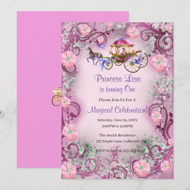 Pink Floral Princess Fairy Tail 1st Birthday Invitation (Front/Back)