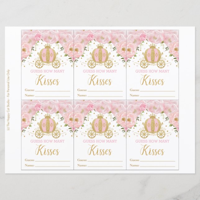 Pink Floral Princess Guess How Many Kisses Game  (Front)