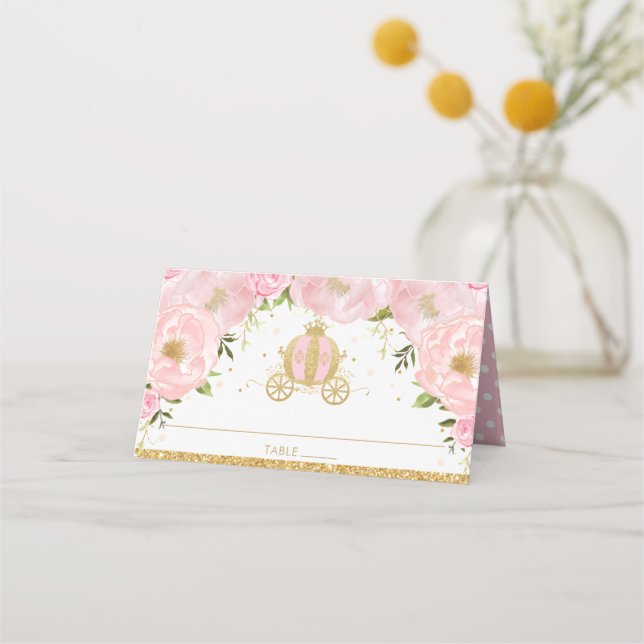 Pink Floral Princess Pumpkin Carriage Guest Name  Place Card (Front)