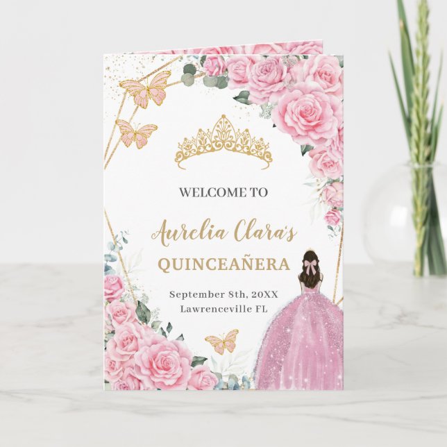 Pink Floral Princess Quinceañera Order of Events  Programme (Front)