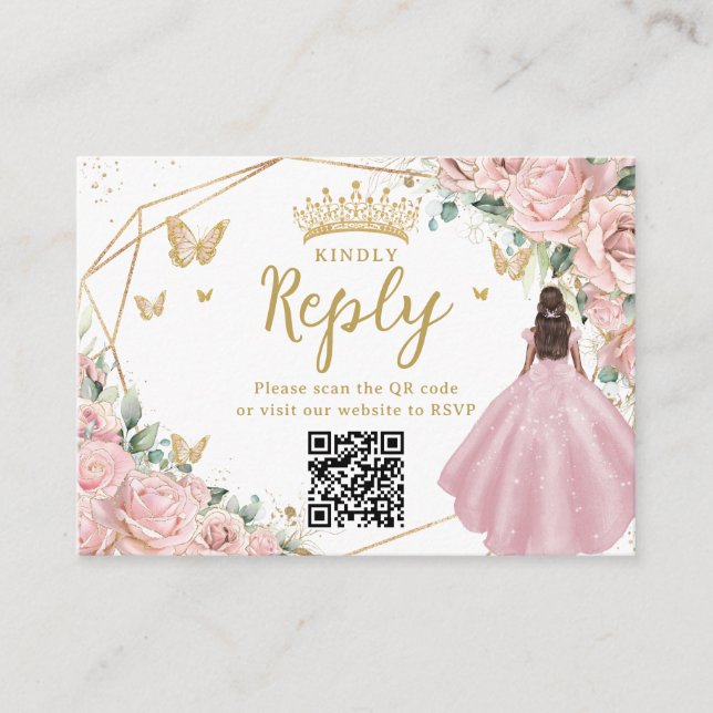 Pink Floral Princess Quinceanera RSVP QR Code Enclosure Card (Front)