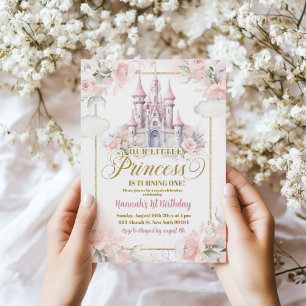 Pink Floral Princess Royal Castle 1st Birthday Invitation