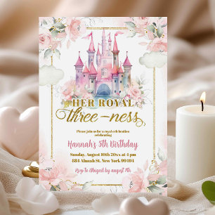 Pink Floral Princess Royal Castle 3rd Birthday Invitation