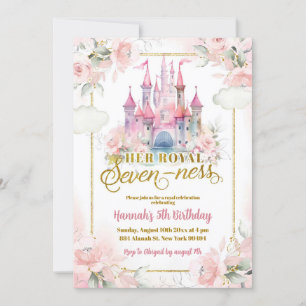 Pink Floral Princess Royal Castle 7th Birthday Invitation