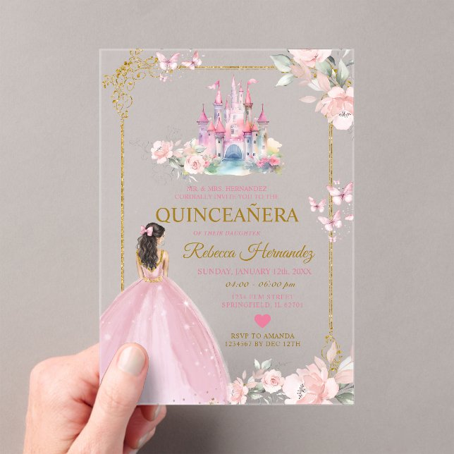 Pink Floral Princess Royal Castle Gold Quinceañera Acrylic Invitations (Insitu (Handheld))