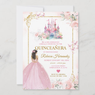 Pink Floral Princess Royal Castle Gold Quinceañera Invitation