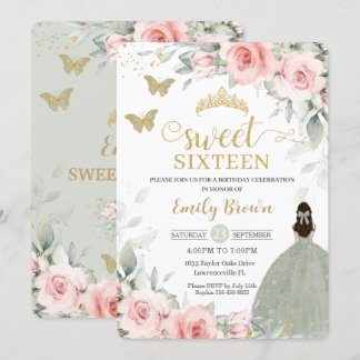 Pink Floral Princess Sage Green Sweet Sixteen Invitation