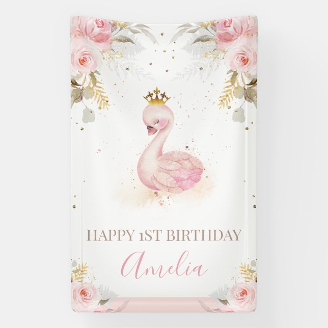 Pink Floral Princess Swan 1st Birthday Banner (Vertical)