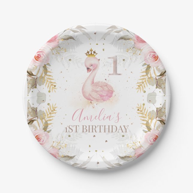 Pink Floral Princess Swan 1st Birthday  Paper Plate (Front)