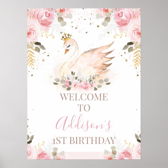Pink Floral Princess Swan Birthday Welcome Sign (Front)