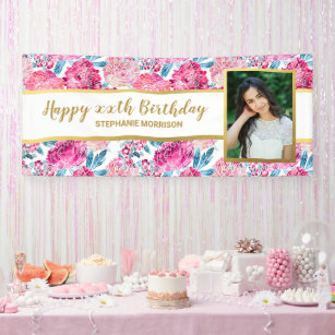 Pink Floral Print,  Any Age, Custom Photo Birthday Banner