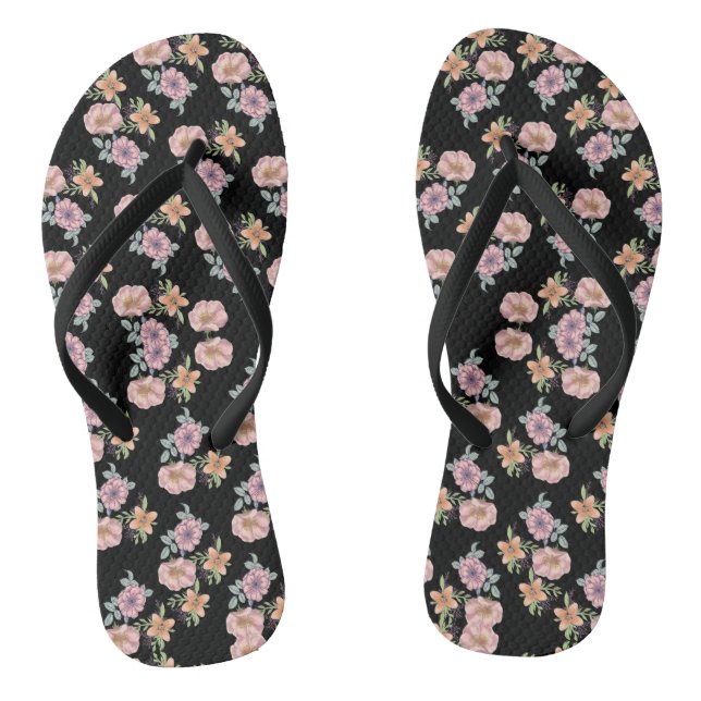 Pink floral print pattern on black flip flops (Footbed)