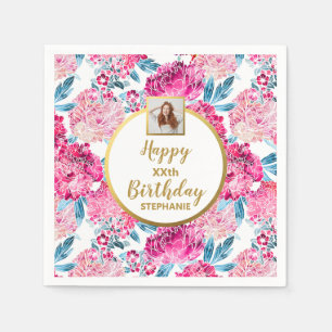 Pink Floral Print, Photo, Any Age, Custom Birthday Napkin
