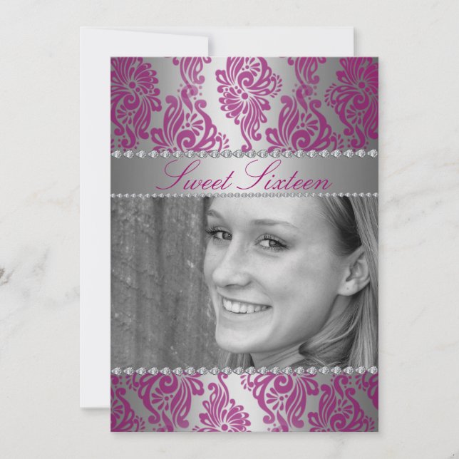 Pink Floral Print Photo Sweet 16 Birthday invite (Front)
