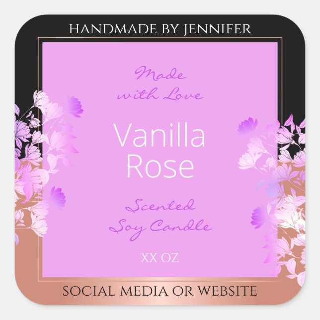 Pink Floral Product Labels Black and Rose Gold (Front)