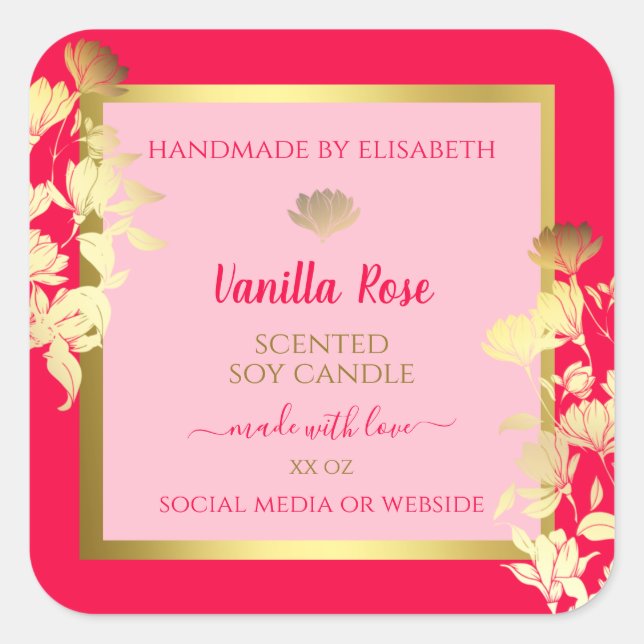 Pink Floral Product Packaging Labels Gold Frame (Front)