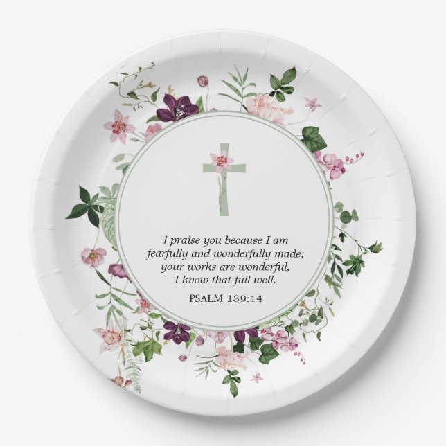 Pink Floral Psalm 139:14  Paper Plate (Front)