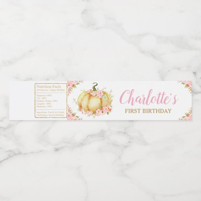 Pink Floral Pumpkin 1st Birthday Party Girl Favour Water Bottle Label (Single Label)