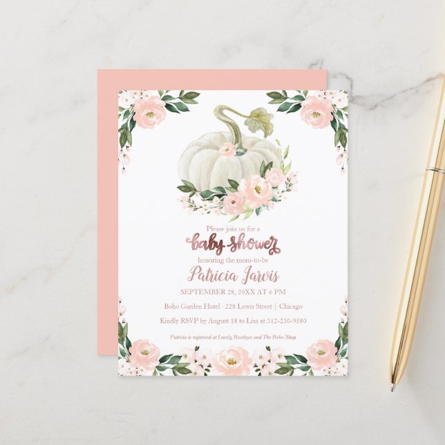 Pink Floral Pumpkin Baby Shower Budget Invitation (Front/Back In Situ)