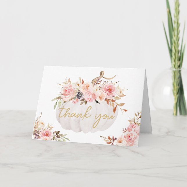 Pink Floral Pumpkin Baby Shower Thank You Card (Front)