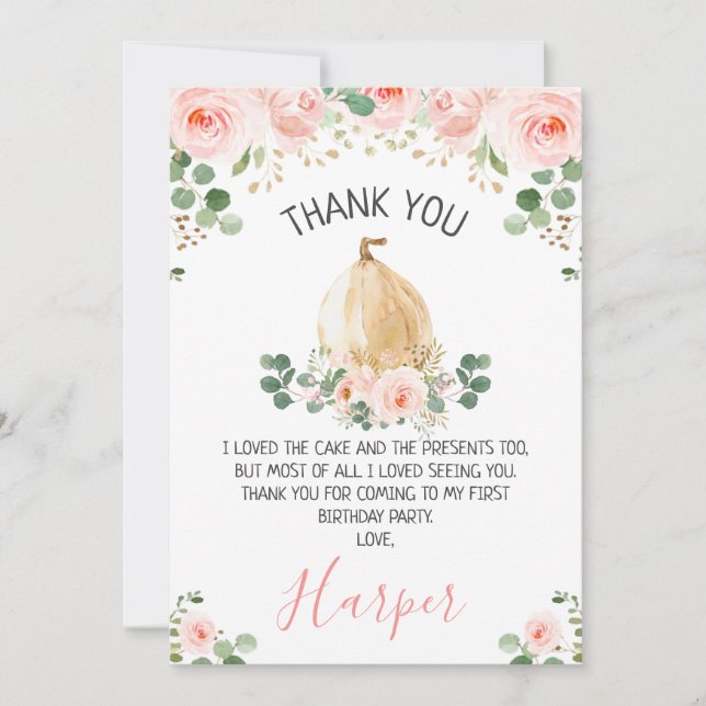 Pink Floral Pumpkin Birthday Thank You Card (Front)