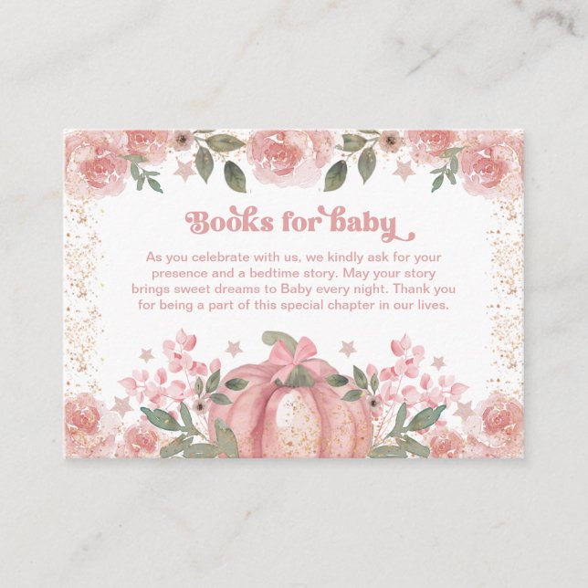 Pink Floral Pumpkin Books For Girl Baby Shower Enclosure Card (Front)