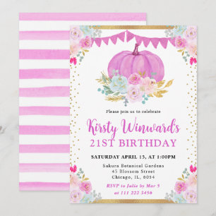 Pink Floral Pumpkin Fall 21st Birthday Invitation