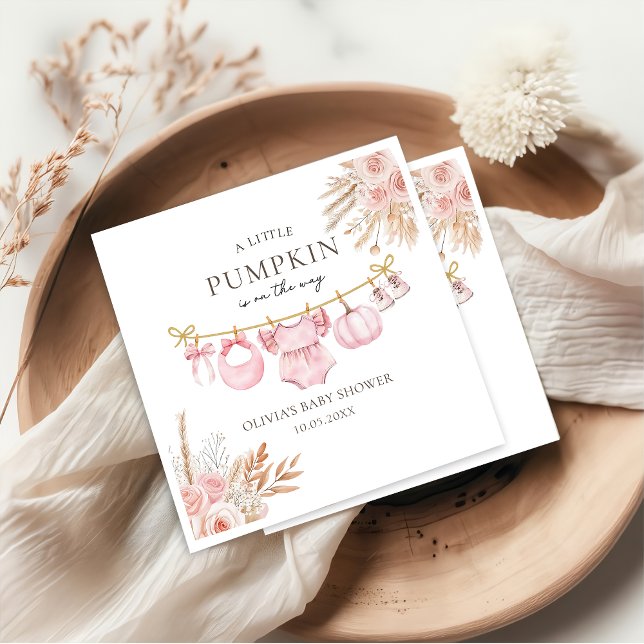 Pink Floral Pumpkin Fall Baby Shower Paper Napkin (Creator Uploaded)