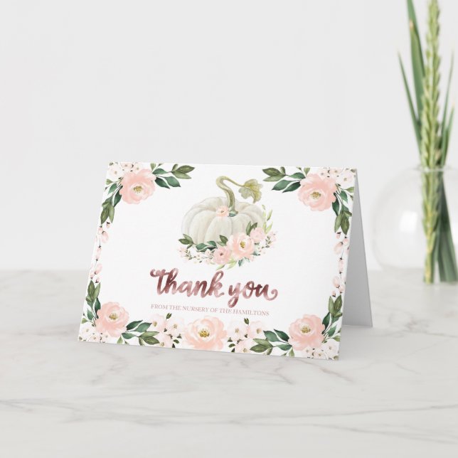 Pink Floral Pumpkin Fall Baby Shower Thank You Car Card (Front)
