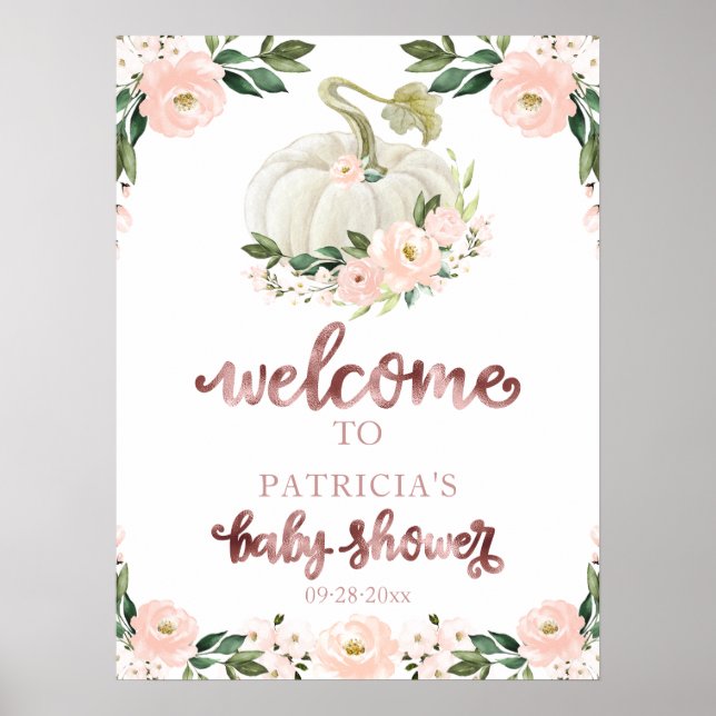Pink Floral Pumpkin Fall Baby Shower Welcome Sign  (Front)