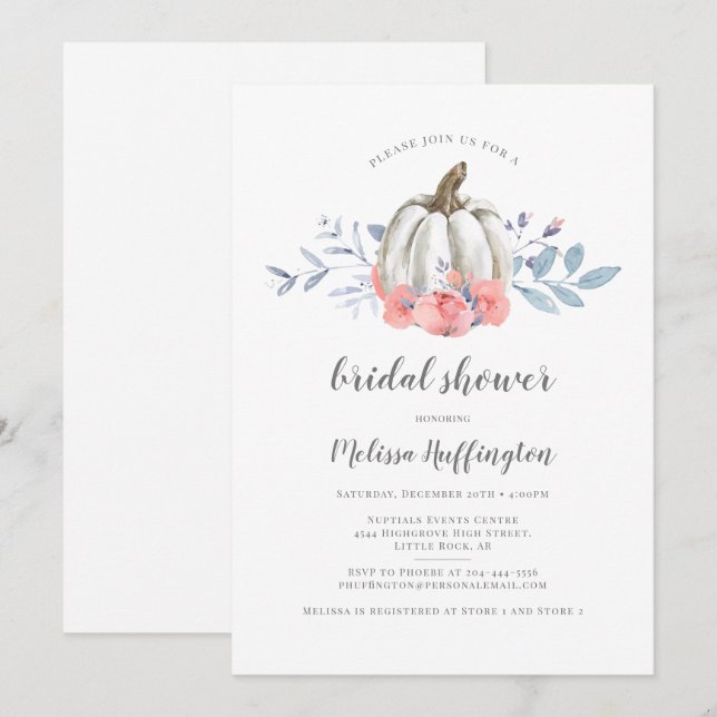 Pink Floral Pumpkin Fall Bridal Shower Invitation (Front/Back)